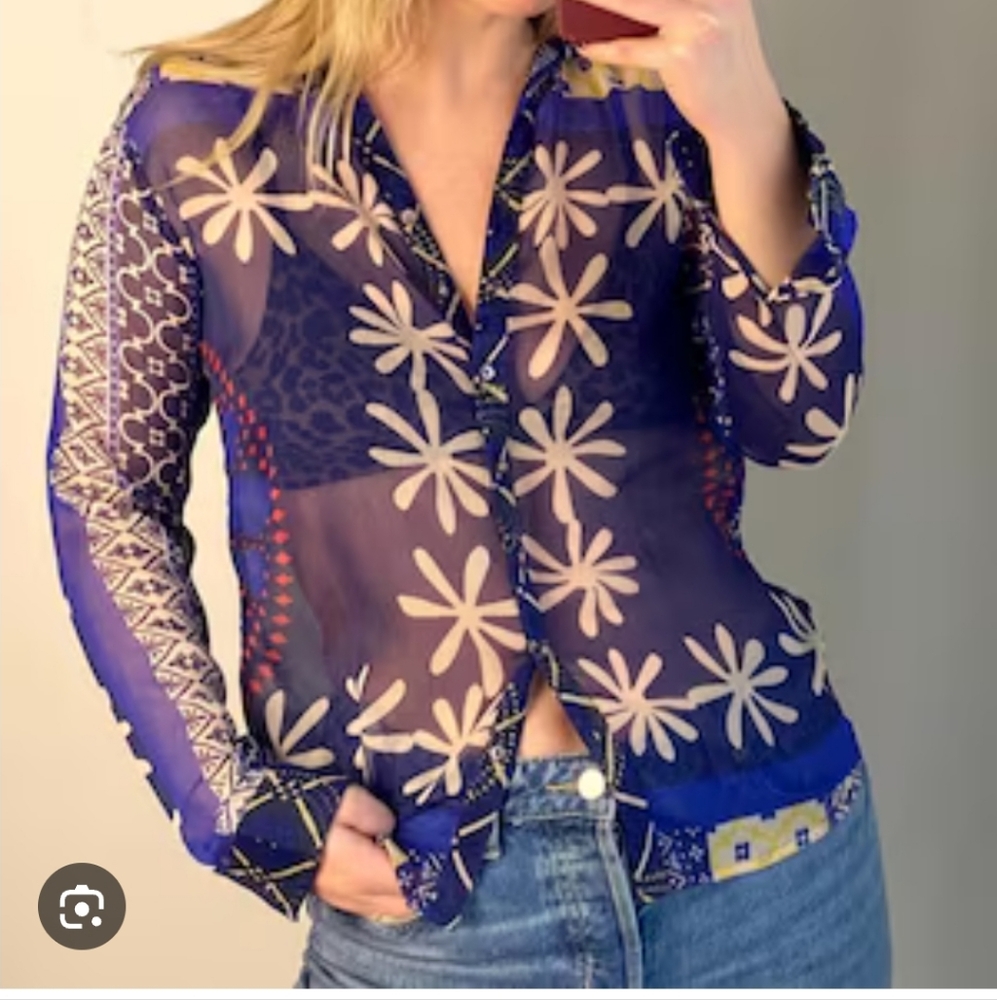 Desigual Women's Blue Floral Sheer Blouse Size Small